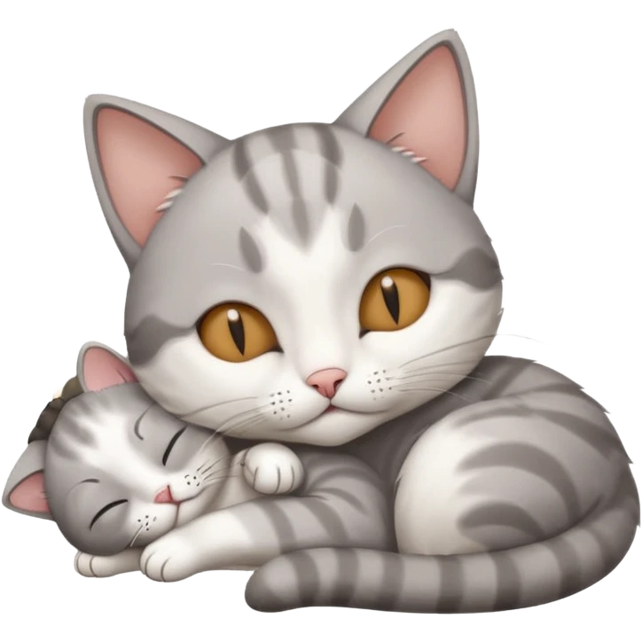 grey and white small cat with its eyes closed lying down with its paw curled and holding up his head emoji