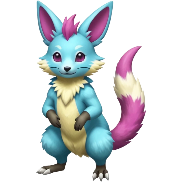 Shiny smooth silky soft Cyan-Yellowish-Magenta Minccino-Zeraora-Emolga-Vernid-Sergal-fusion-hybrid-animal-creature, full body emoji