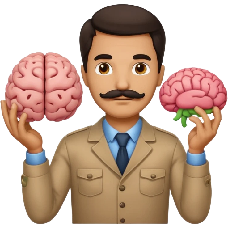mustachioed man with dark hair holding a brain as an emoji emoji