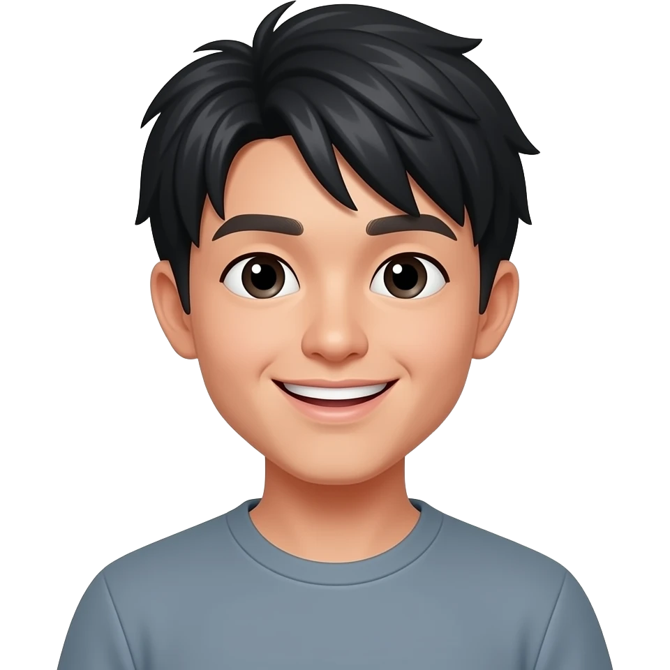 a fair skinned asian guy with black hair and got bangs. he is also smiling emoji