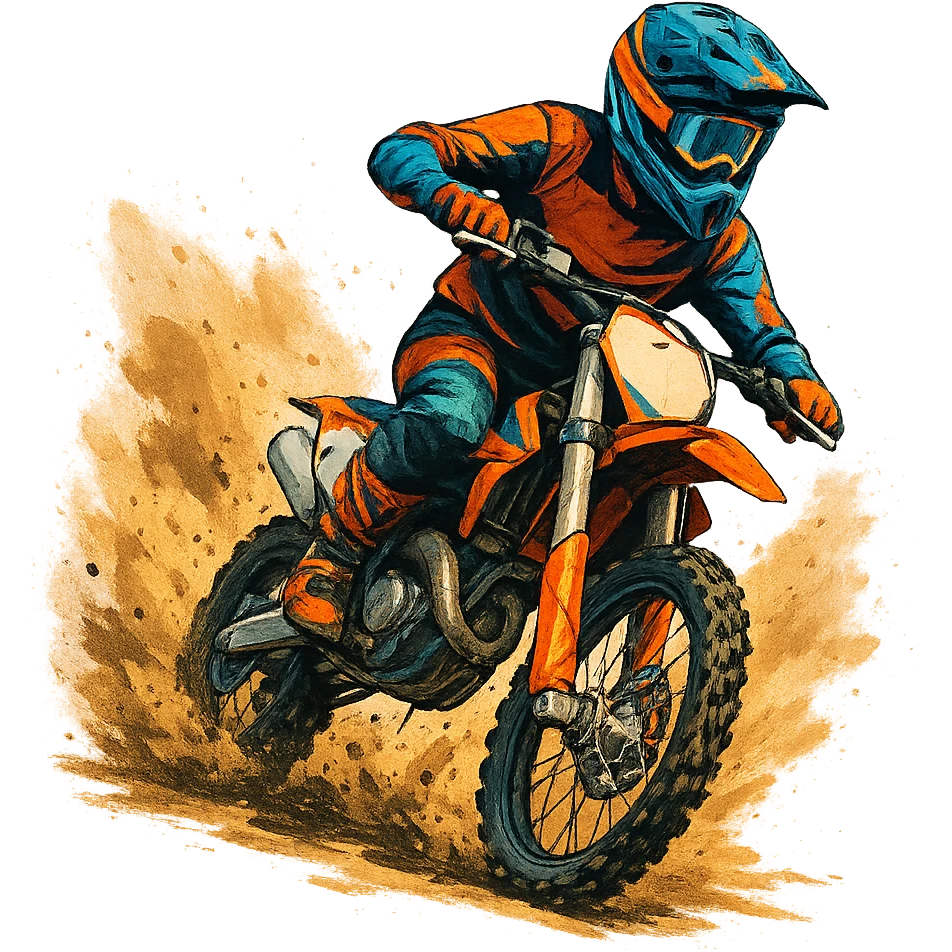 dirt bike racer, dynamic action, dust flying, helmet, energetic, modern style emoji