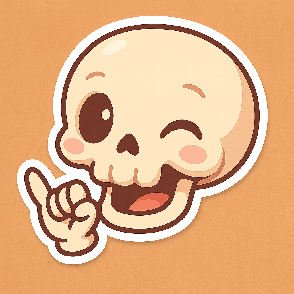 playful cartoon skull with a hang loose hand, cute and fun style emoji