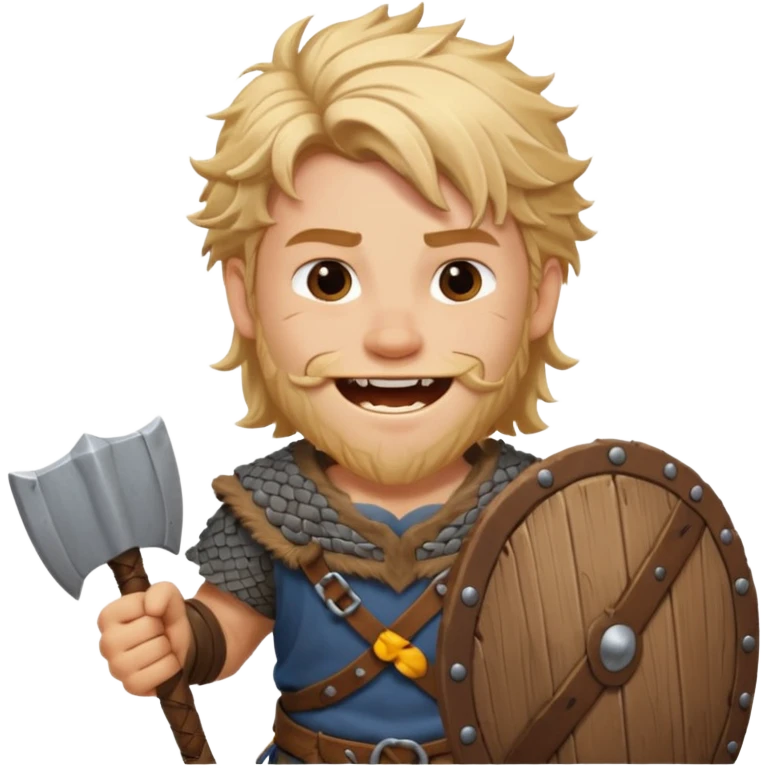 A young Viking warrior with messy blond hair, wooden shield, and fierce excited grin.
 emoji