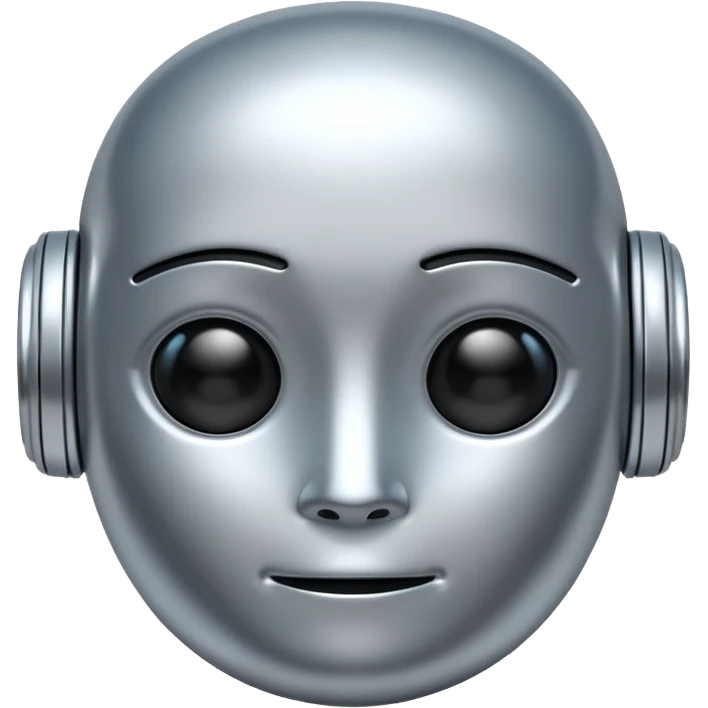 A cute futuristic robot emoji made of silver chrome, rounded friendly body, minimal facial features, glossy metallic surface, soft reflections, iOS emoji style, centered, clean white background emoji