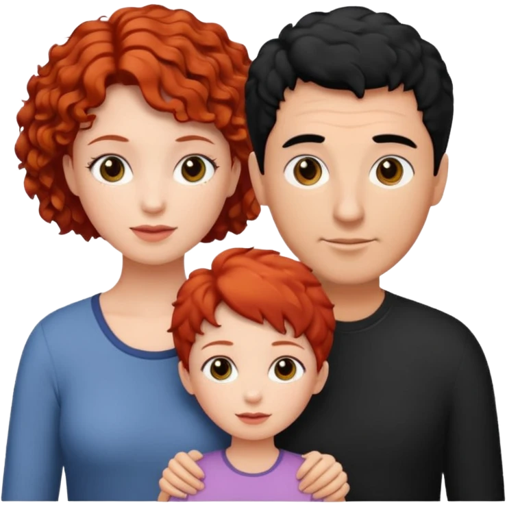 a family of three, all three white: the mother with short, curly red hair, the father with black hair, and the daughter with black hair. emoji