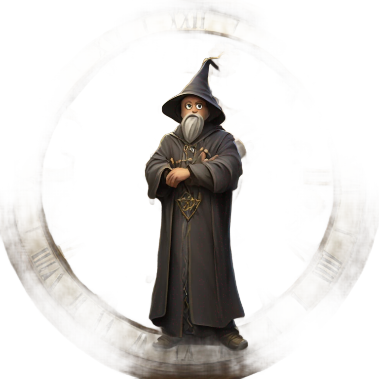 wizard above on a large clock emoji