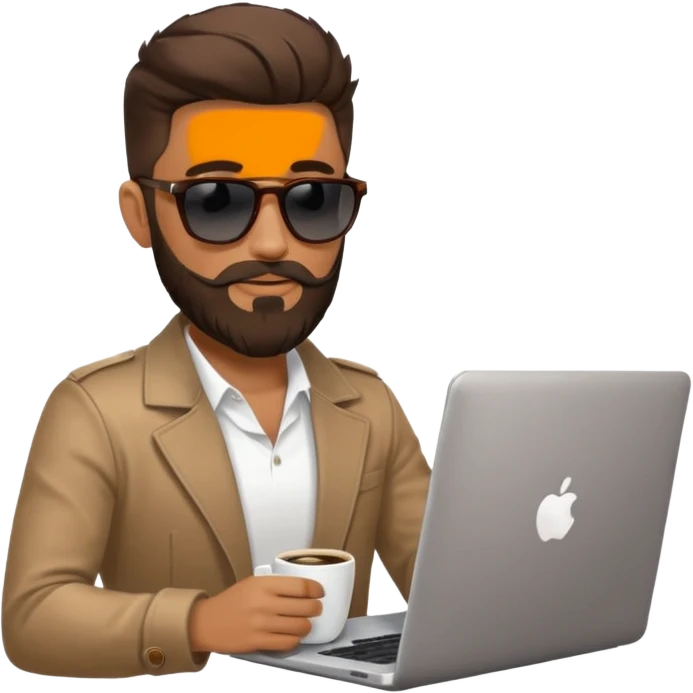 stylish man in sunglasses sitting with a laptop and coffee emoji