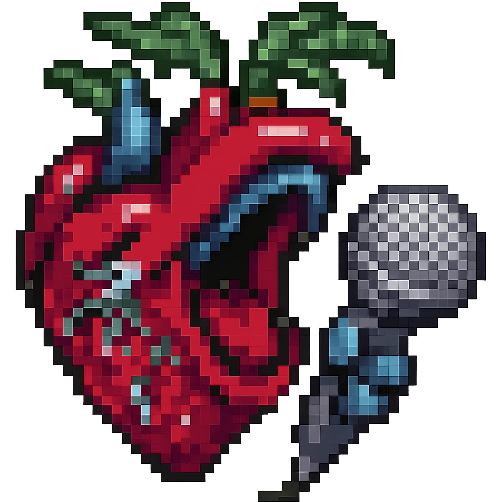 Add a microphone to the cartoonish anatomical heart with mouth open in pixel art style, keep the pixel art look and no background. emoji