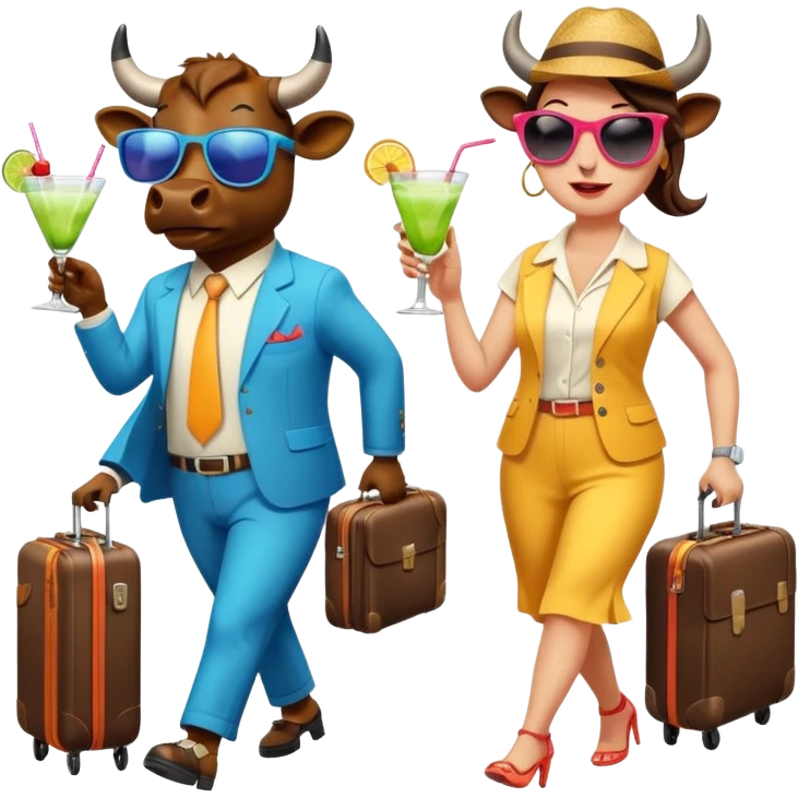 generate an emoji of a group of up to 8 male and female bulls travelling together on holidays. One bull has a suitcase, one has sunglasses, one is carrying a cocktail. They're all in motion, walking together. Make the characters look like bulls. They wear summer clothes emoji