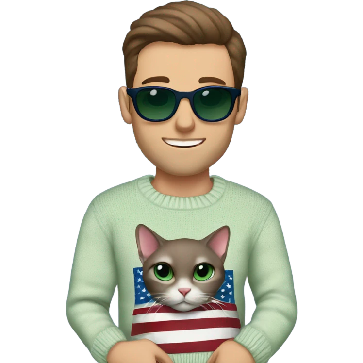 Brown hair handsome man wearing designer sunglasses. He has blueish green eyes. He is holding a hairless cat. His sweater is navy with an American flag sweater emoji
