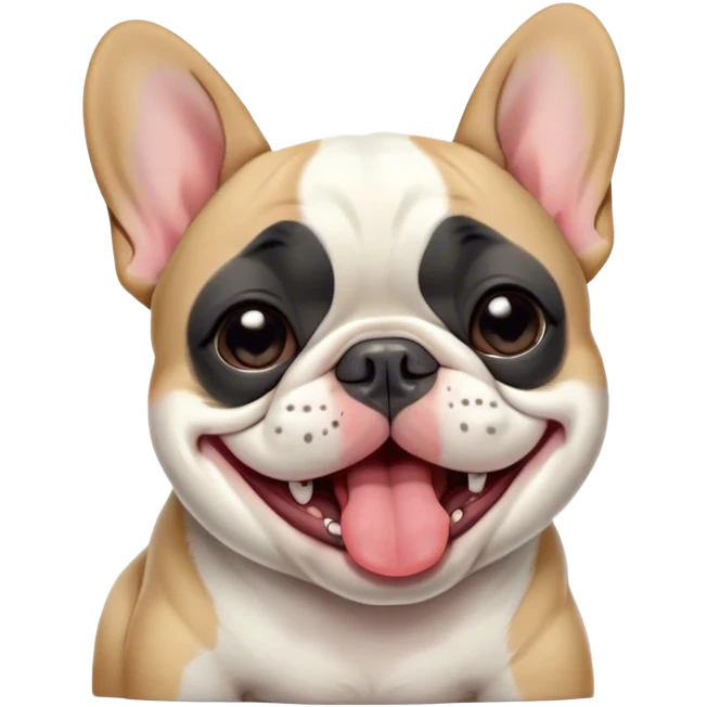Cinematic Cute Yawning Pied French Bulldog Portrait Emoji, Head tilted with an exaggerated, endearing yawn and sleepy, squinty eyes, showcasing a unique pied fur of contrasting colors with a playful expression, simplified yet irresistibly adorable, highly detailed, glowing with a soft, cozy radiance, high shine, exuding a relaxed, humorous charm, styled with a gentle, soft glowing outline, capturing the essence of a Pied French Bulldog in a blissfully cute yawn that warms the heart! emoji