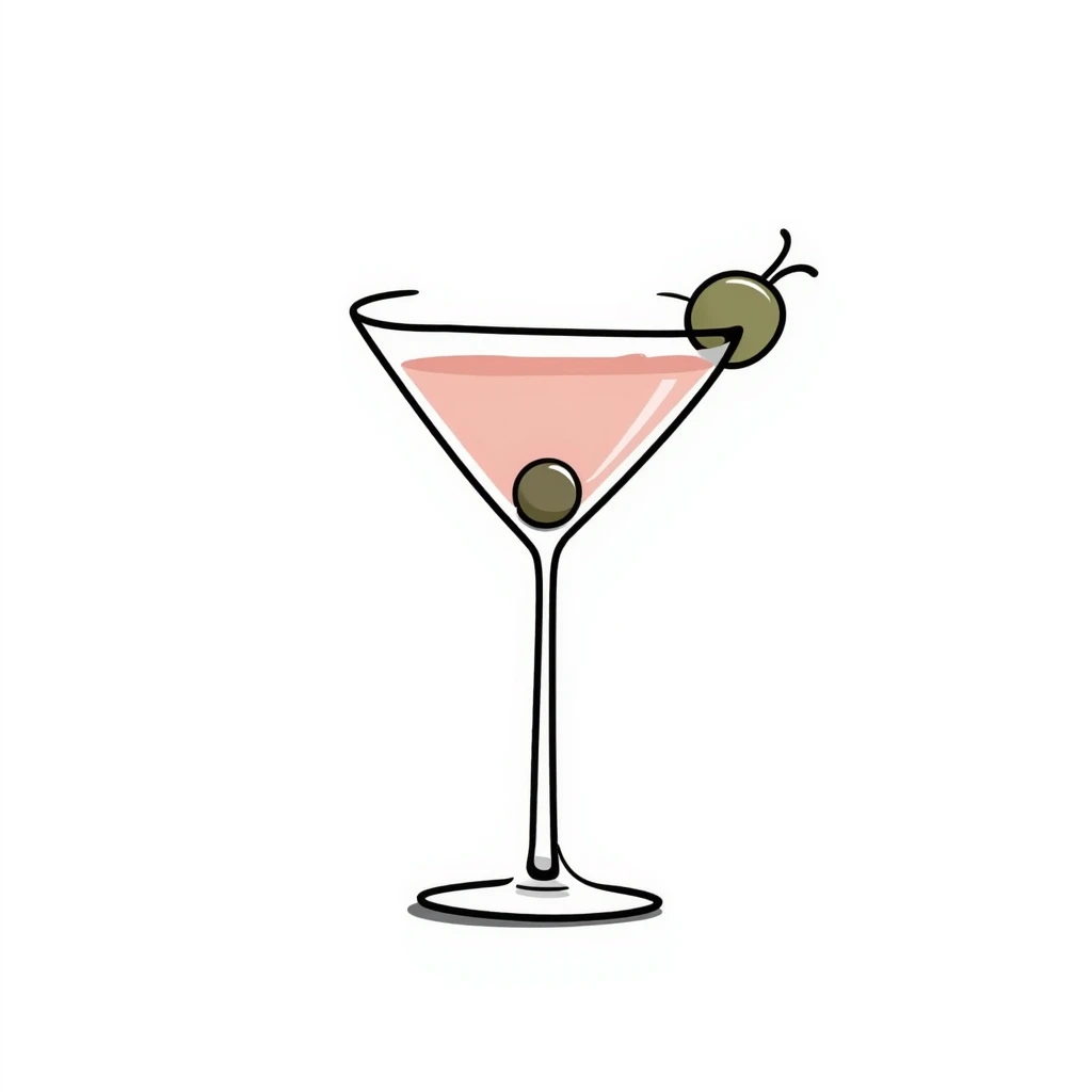 A classic martini glass with olive garnish in pastel colors (dd9fb0, ffc6d3, a3bfc9, c4bee2, f1b091), hand-drawn doodle style emoji