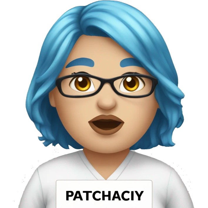 Blue hair, overweight female wearing a medical mask, holding a sign saying: "down with the patriarchy" with a speech bubble from her mouth saying: "I go by Ze/Zar" emoji