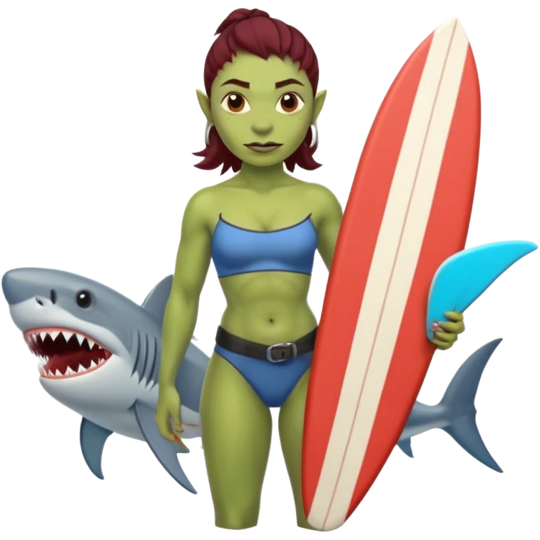 orc female holds a surfboard with a shark painted vertically in his hands emoji