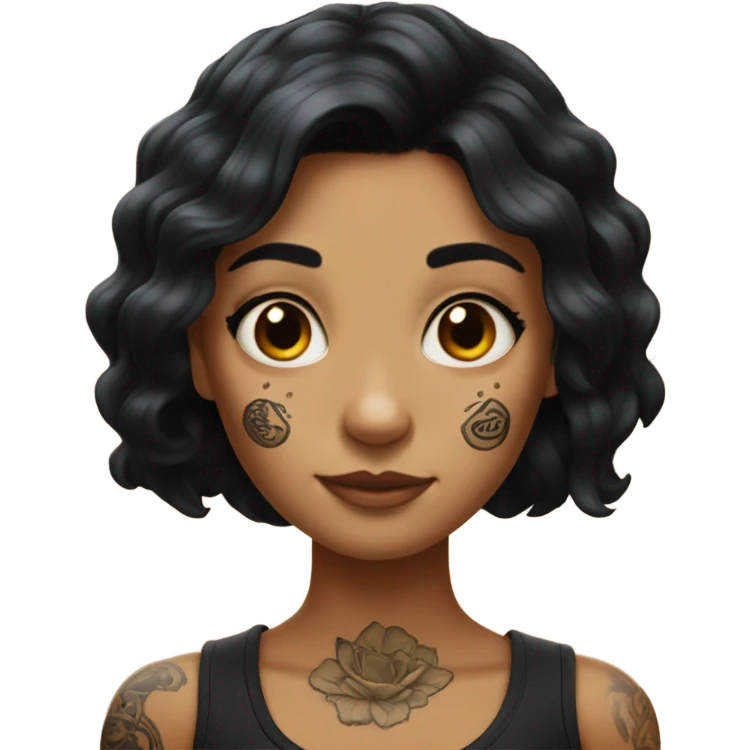 Hyperrealistic tan girl with black hair arm tattoos emoji