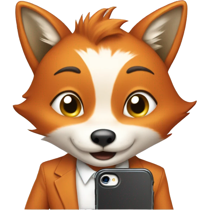Smart and happy Fox in a shirt stands and uses her favourite app in the phone, a d stares in he phone emoji