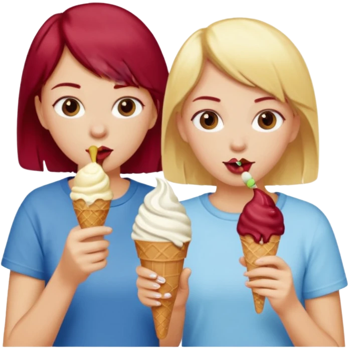 Two friends getting icecream. One is blonde and short and one is tall with dark red hair  emoji