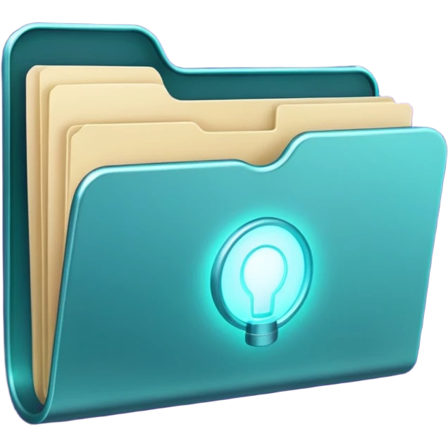 A minimalist glowing folder icon floating on a soft beige background, with subtle purple and teal lighting. The folder is slightly open, and a gentle magical light glows from inside — representing creativity and mystery. emoji