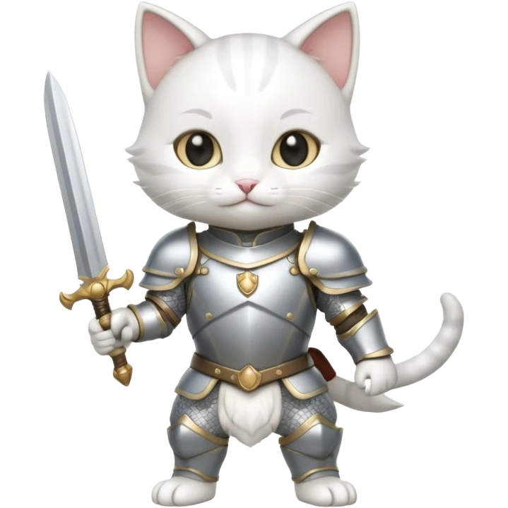 baby chibi white cat in silver armor, full body, smile, hold sword emoji
