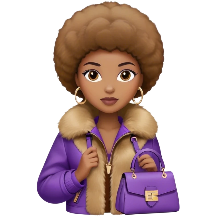Beautiful black woman wearing a brown monogram Fendi jacket with a fur trim. She is carrying a purple Fendi peekaboo bag. I want the image to start at her head and end at the chest emoji