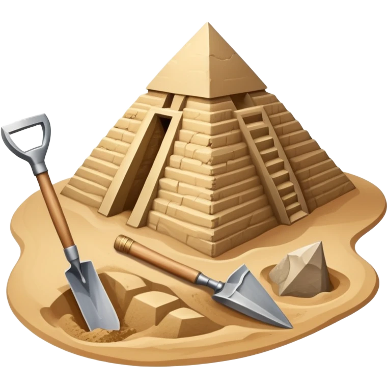 An icon showing archaeological tools like a trowel, brush, and pickaxe placed on sandy ground, with an Egyptian pyramid in the background. The design symbolizes excavation and discovery of ancient history, blending tools and iconic landmarks. Transparent background. emoji