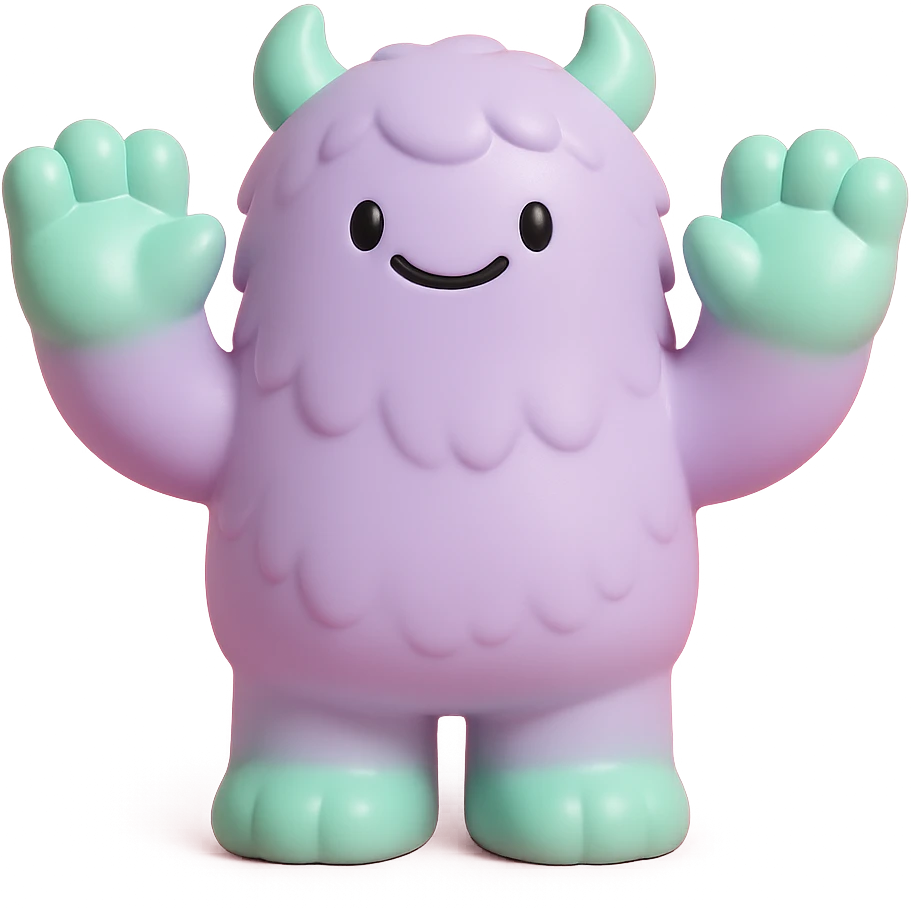 fluffy monster with oversized paws, smiling, soft lavender and mint green colors emoji