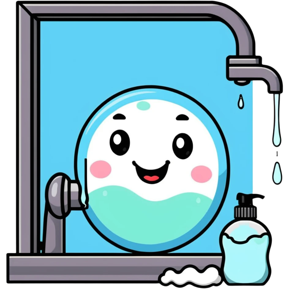cartoonish window being cleaned with soap suds and a smiling face emoji