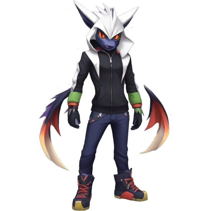 Cool Anthro Dark Absol-Noivern-Quilava-Litten-Pokémon with edgy stripes hoodie spiked collar punk Full Body emoji