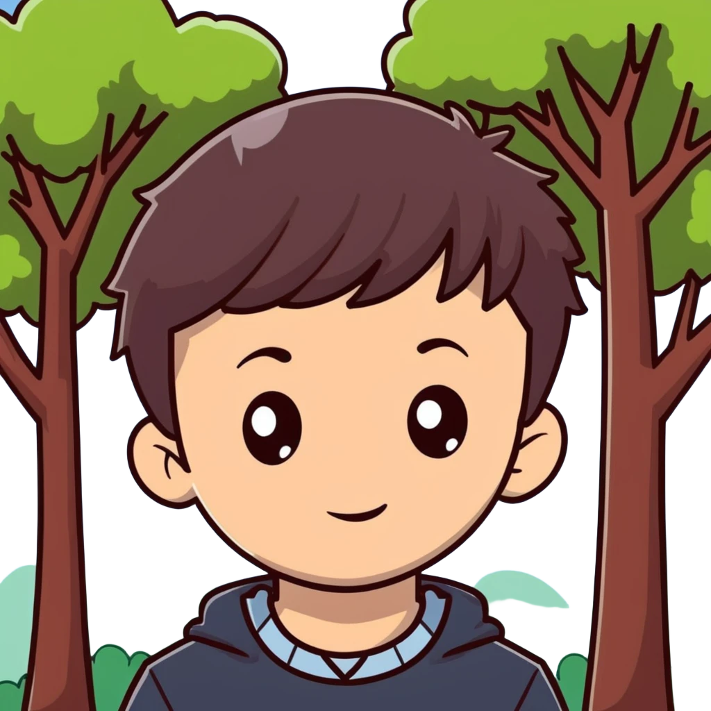 boy with straight short brunette hair brown eyes and tree behind emoji