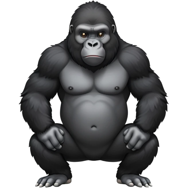 cinematic-friendly relaxed gorilla-realistic-full-body-crouched on all fours on knuckles-emoji,-poised-with-confidence,-massive-arms-hanging-slightly-forward,-head-tilted-thoughtfully,-thick-black-fur,-deep-dark-eyes-full-of-intelligence,-simplified-yet-realistic emoji