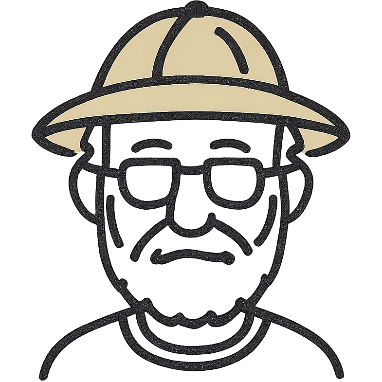 An elderly man with white hair and beard, wearing glasses and a yellow explorer hat emoji