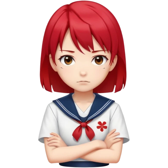 Serious anime girl with short bright red hair wearing Japanese sailor style school uniform, stern expression with arms crossed, focused and determined look emoji