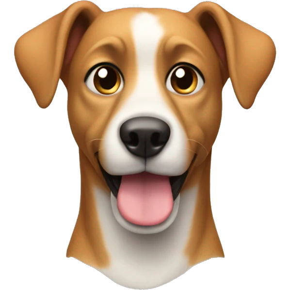 A dog looking forward with the link outside the mouth and the ears back like a  emoji