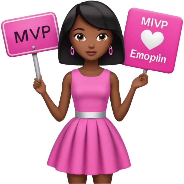 Black barbie, short  black bob  hair, pink dress with a sign that says mvp emoji