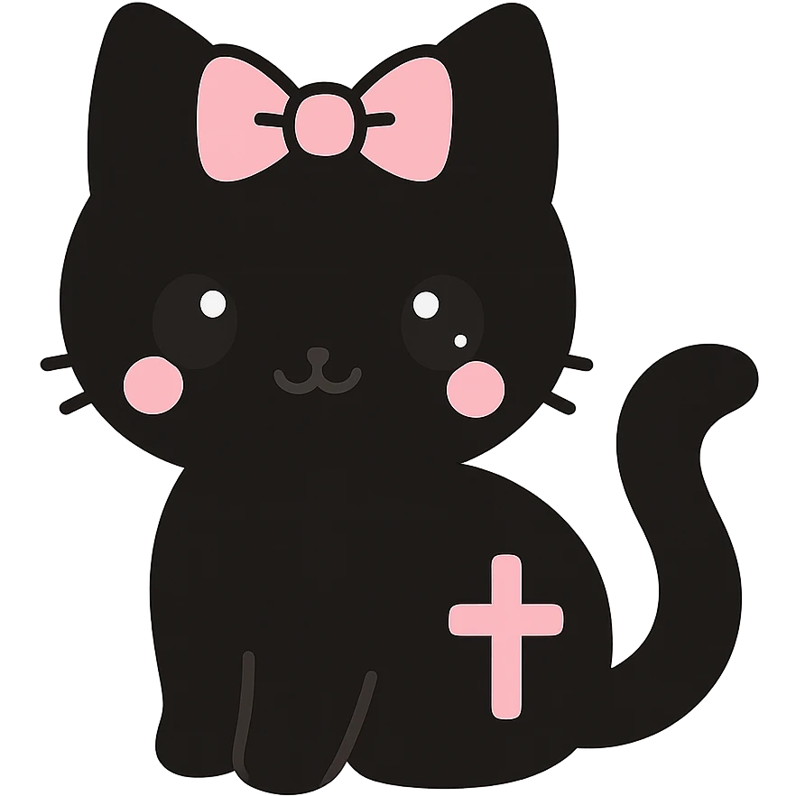 Replace the pet with a cute gothic black cat with a pink bow, keeping the kawaii gothic style. Preserve transparent background. emoji