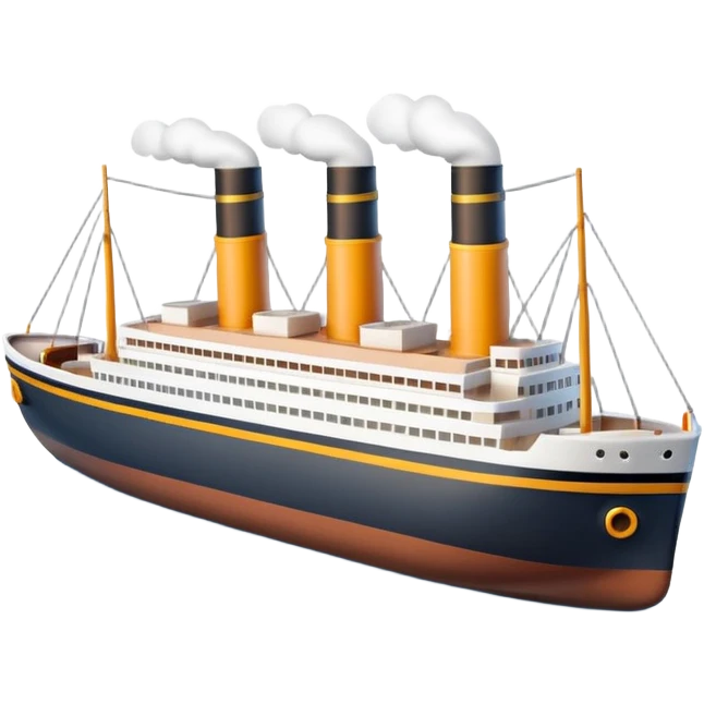 A miniature 3D Titanic ship emoji in Apple style, small and compact with smooth glossy surface, bright clean colors, simplified but recognizable details like smokestacks and windows, no facial features, floating on calm ocean, soft shadows, high-quality render, isolated on white background.



 emoji
