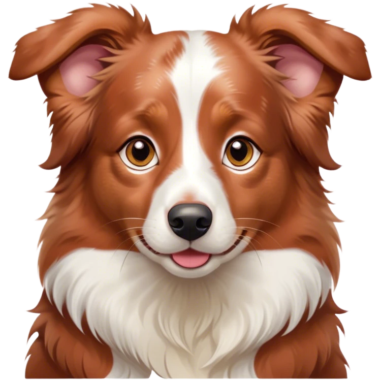 Cinematic Cute Red Merle Australian Shepherd Portrait Emoji, Head tilted playfully and inquisitively, soft red merle fur with delicate white markings, round, sparkling amber eyes filled with curiosity, Simplified yet irresistibly adorable features, highly detailed, glowing with a warm, friendly glow, high shine, affectionate and lively, stylized with a touch of whimsy, bright and endearing, soft glowing outline, capturing the essence of a mischievous yet loving pup, so playful it feels like it could bound out of the screen and into your arms! emoji
