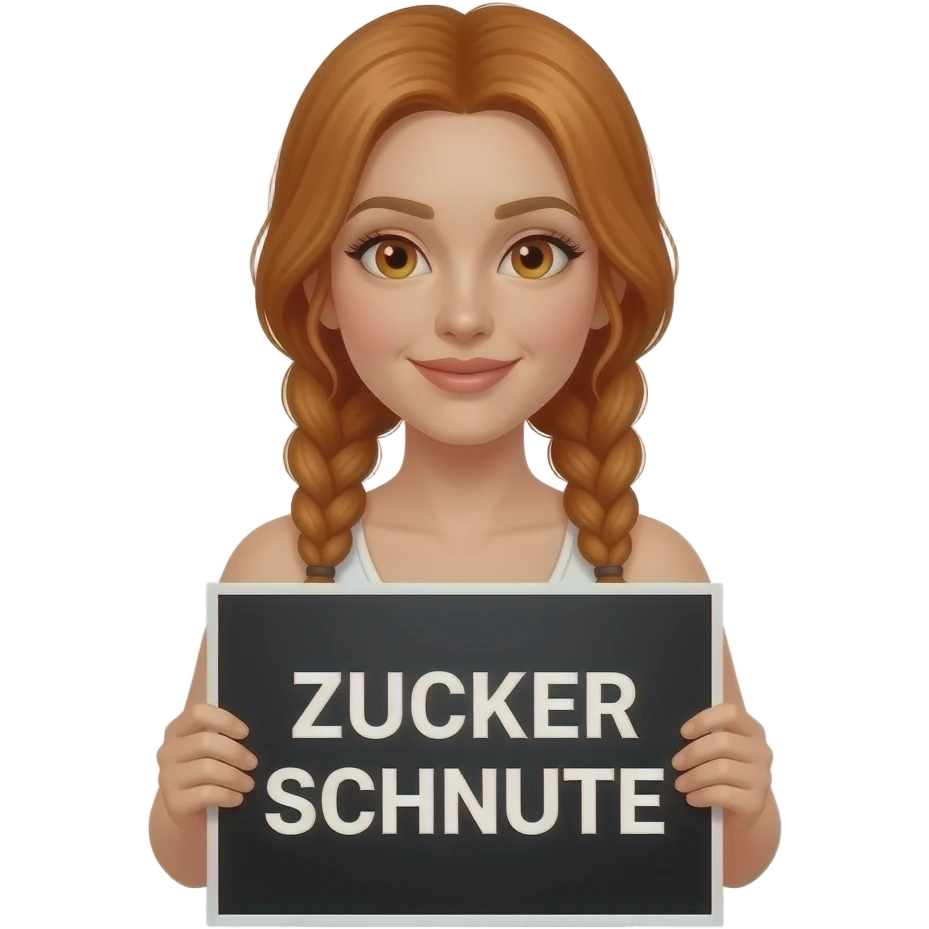 sexy girl with long ginger braids and ginger eyes wearing a white tanktop is holding a black sign with ZUCKER SCHNUTE written on it emoji