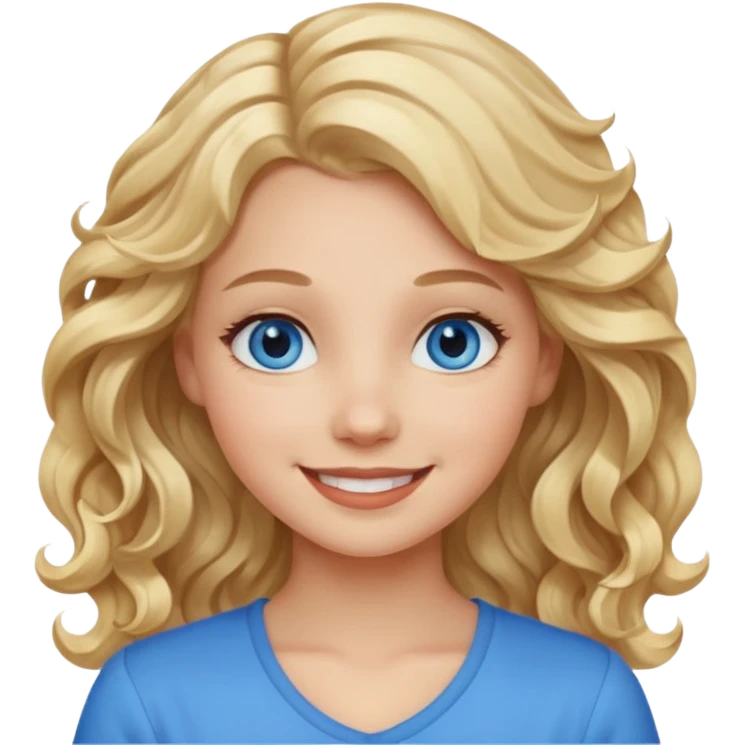 Please generate an image of a girl. She has blue eyes, blond, wavy hair, and is smiling. emoji