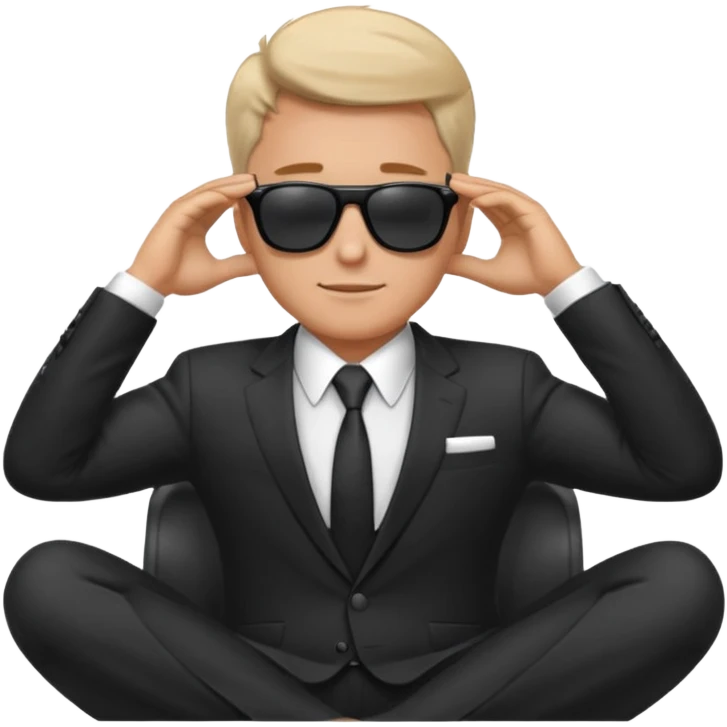 white man in formal suit wearing sunglasses resting with hands behind head emoji