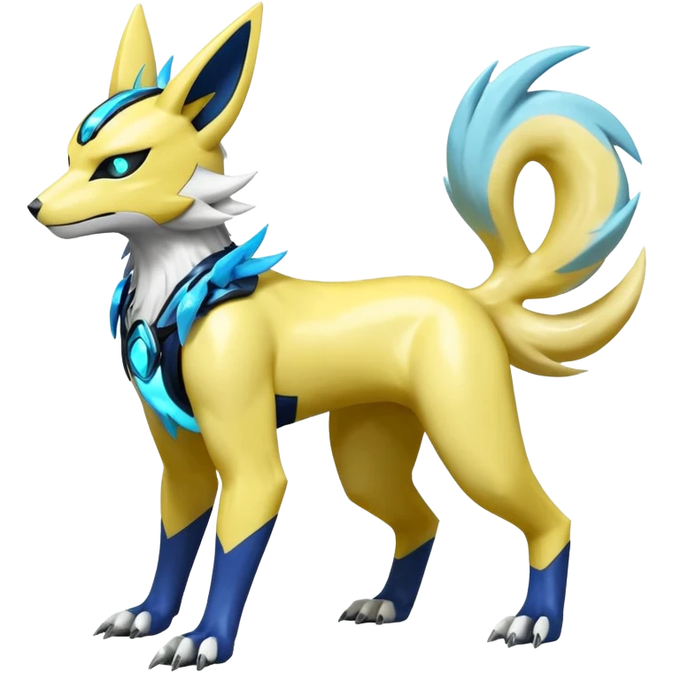 Shiny cyan glossy sparkly feral smooth soft yellow white electric complex futuristic white-cyber-masked Zeraora-Renamon-Electrike-Umbreon-Lombax-Weregarurumon-fusion-creature (full body emoji