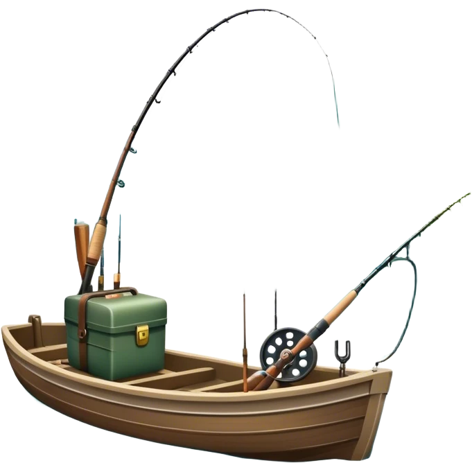 Icon for Fishing: a fishing boat by a water body with a beautiful nature backdrop, a spinning rods, fishing boots, and a fishing tackle box. The icon should evoke the peaceful and adventurous spirit of fishing. Transparent background. emoji