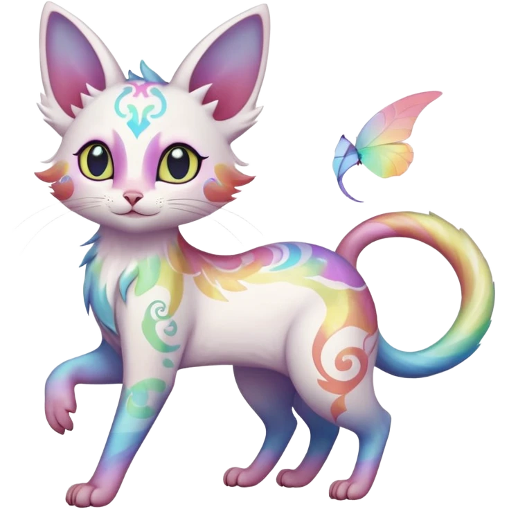 Pure-snow-White albino iridescent with pastel rainbow-gradients-color-markings with swirly patterns butterflies  faerie-Noivern-Noibat-Purloin-Torracat-Lykoi-Caracal-cat-Fakemon-fusion-hybrid-creature-jumping emoji