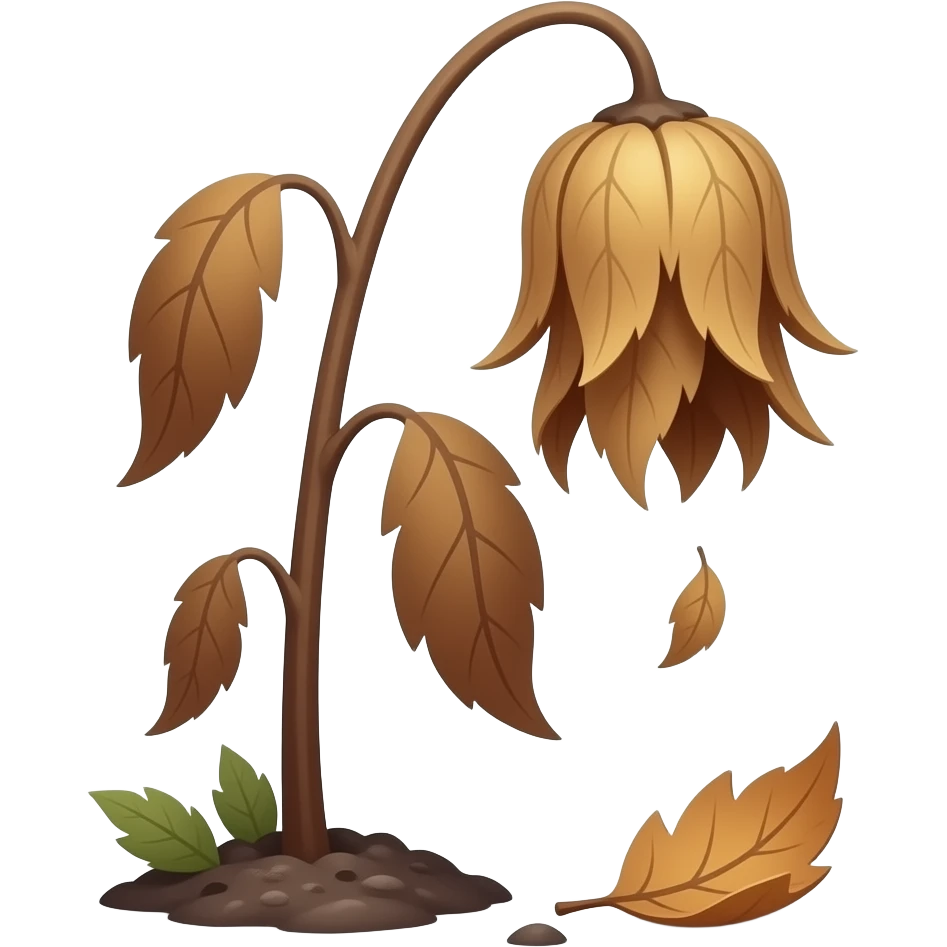 Wilted dead dark brown plant from the ground with leafs hanging and a leaf falling to the ground emoji