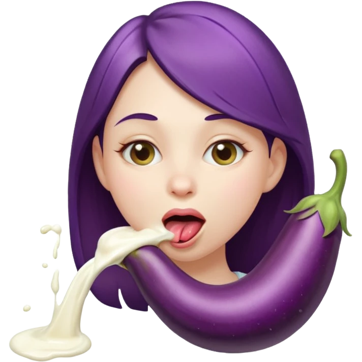 long bent eggplant spilling lots of milk on girls tongue from the side  emoji