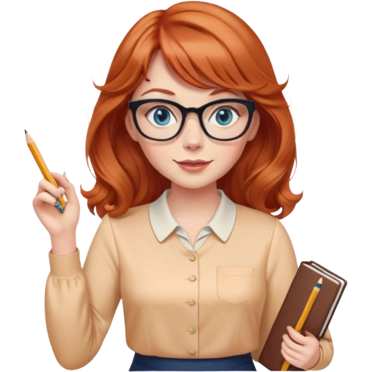 redheaded woman with long wavy hair and bangs, blue eyes, cat-eye glasses, pencil skirt, apricot blouse, holding a pencil, waving emoji