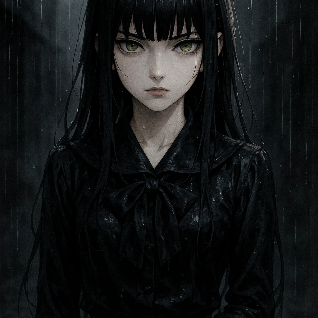 EchoMoon, silent mysterious anime girl, long black hair, sharp bangs, pale skin, amber green eyes, cold beauty, wet black school uniform, gloves, standing in rain, cinematic noir atmosphere, dramatic shadows, gothic shoujo, ultra-detailed emoji