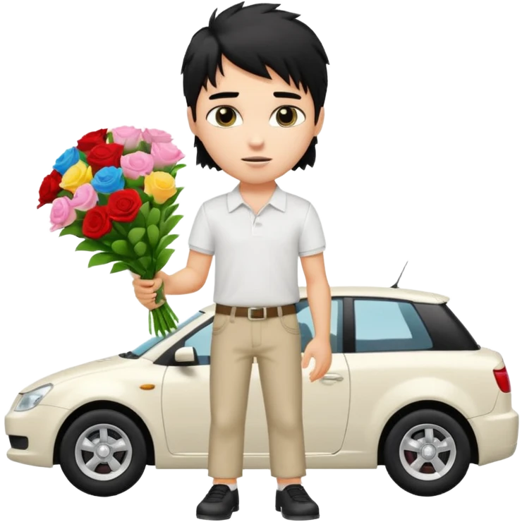 generate a pretty fair bratz boy with a messy mullet (black hair), wearing a white polo.  carrying a bouquet made of money. expensive car behind him emoji