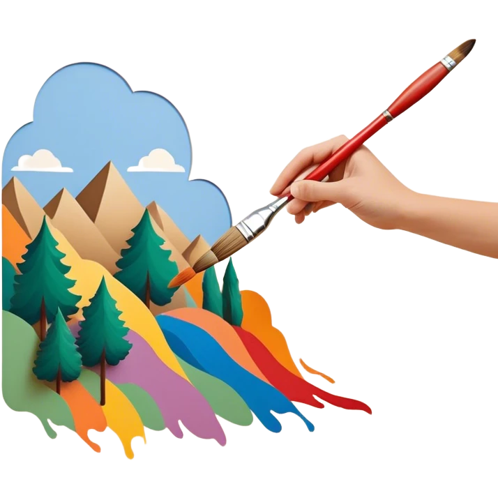 Create an icon that represents the hobby of wall painting, featuring a wall with a beautiful painting in progress. The design should include a paintbrush, a roller, and part of the wall decorated with colorful patterns or a mural. The icon should show the process of creating the artwork, with the brush strokes visible on the wall, symbolizing the artistic nature of the craft. The composition should be balanced and harmonious, evoking creativity and skill. The background should be transparent. emoji