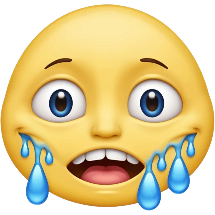 crying emoji with eyes open wide, visible eye bags, yellow emoji, visible teeth, stretched out mouth, blue tears, exaggerated  emoji